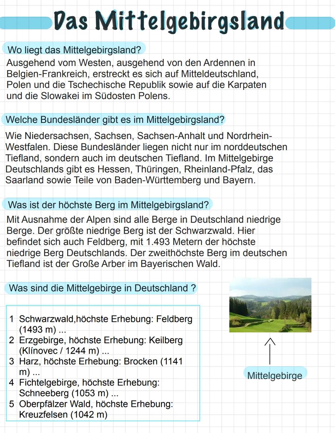 # Das Mittelgebirgsland
Wo liegt das Mittelgebirgsland?
Ausgehend vom Westen, ausgehend von den Ardennen in
Belgien-Frankreich, erstreckt