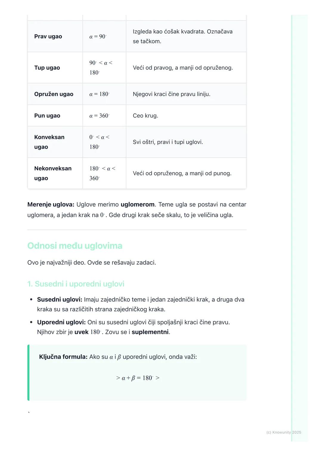 # Ugao
Uvod u uglove
Ugao je deo ravni ograničen sa dve poluprave koje imaju zajedničku početnu
tačku. Te poluprave se zovu kraci ugla, a