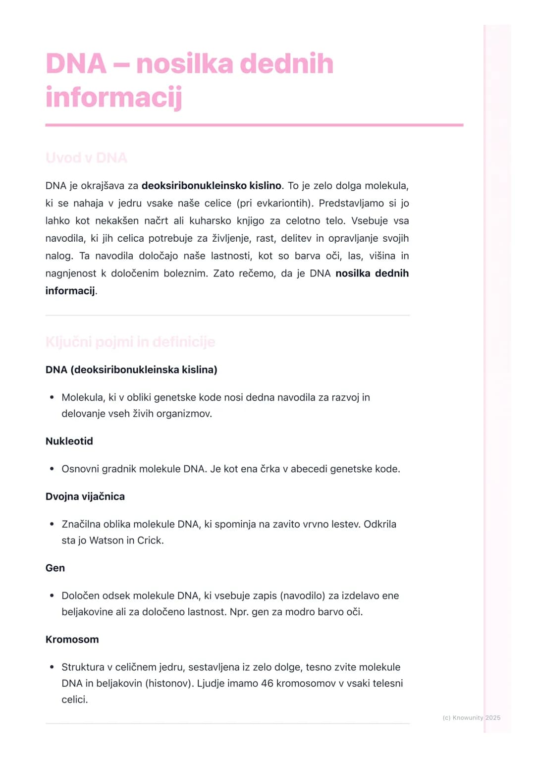 # DNA - nosilka dednih
informacij
Uvod v DNA
DNA je okrajšava za deoksiribonukleinsko kislino. To je zelo dolga molekula,
ki se nahaja v j
