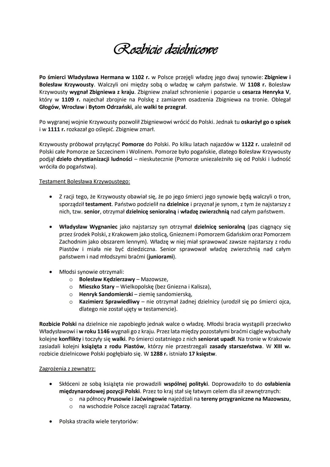 # Rozbicie dzielnicowe
Po śmierci Władysława Hermana w 1102 r. w Polsce przejęli władzę jego dwaj synowie: Zbigniew i
Bolesław Krzywousty.