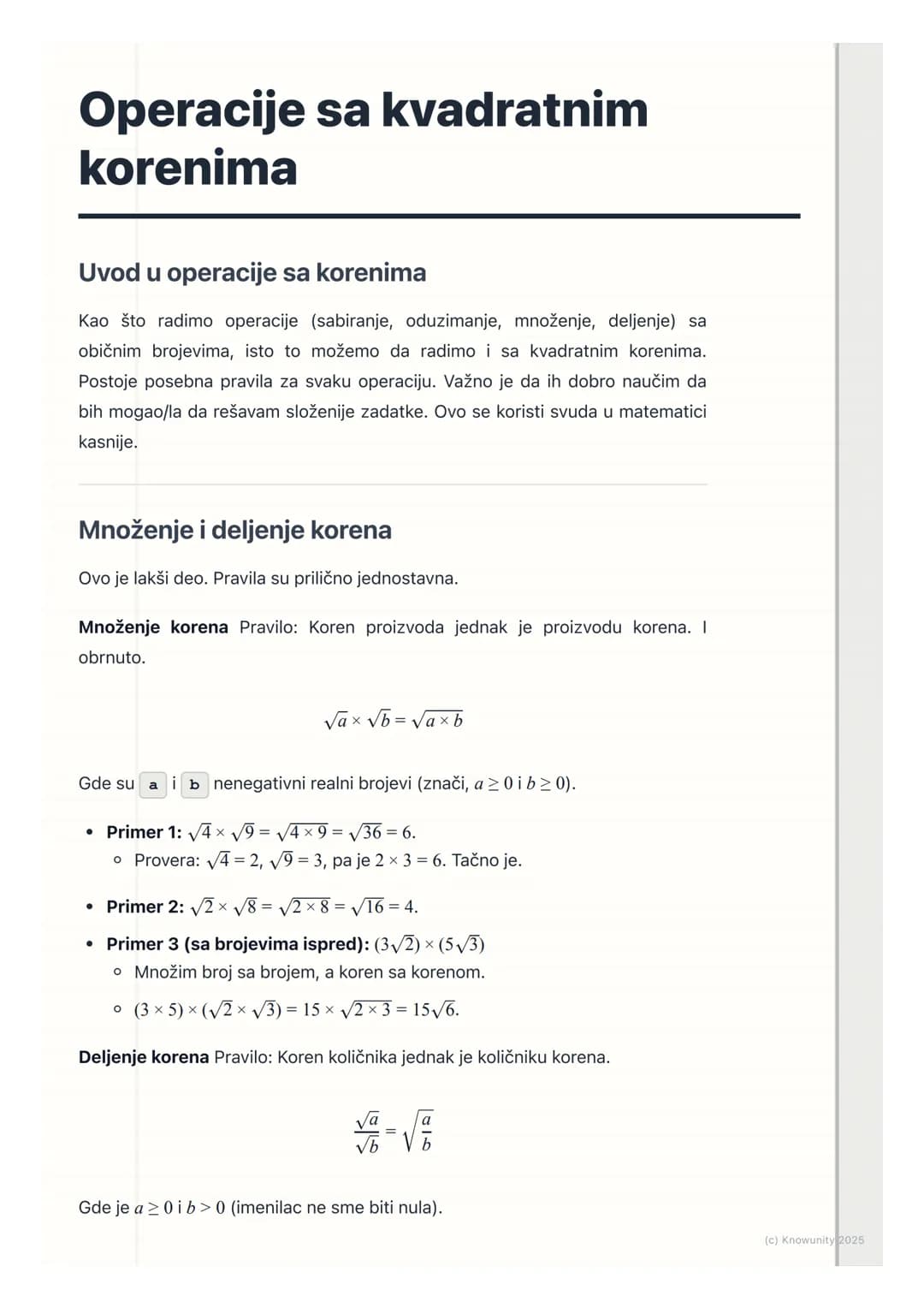 # Operacije sa kvadratnim
korenima
Uvod u operacije sa korenima
Kao što radimo operacije (sabiranje, oduzimanje, množenje, deljenje) sa
ob