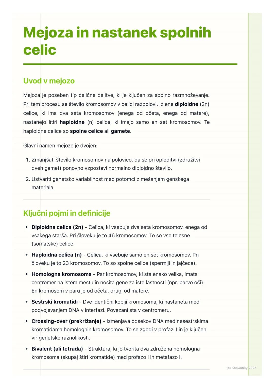 # Mejoza in nastanek spolnih
celic
Uvod v mejozo
Mejoza je poseben tip celične delitve, ki je ključen za spolno razmnoževanje.
Pri tem pro