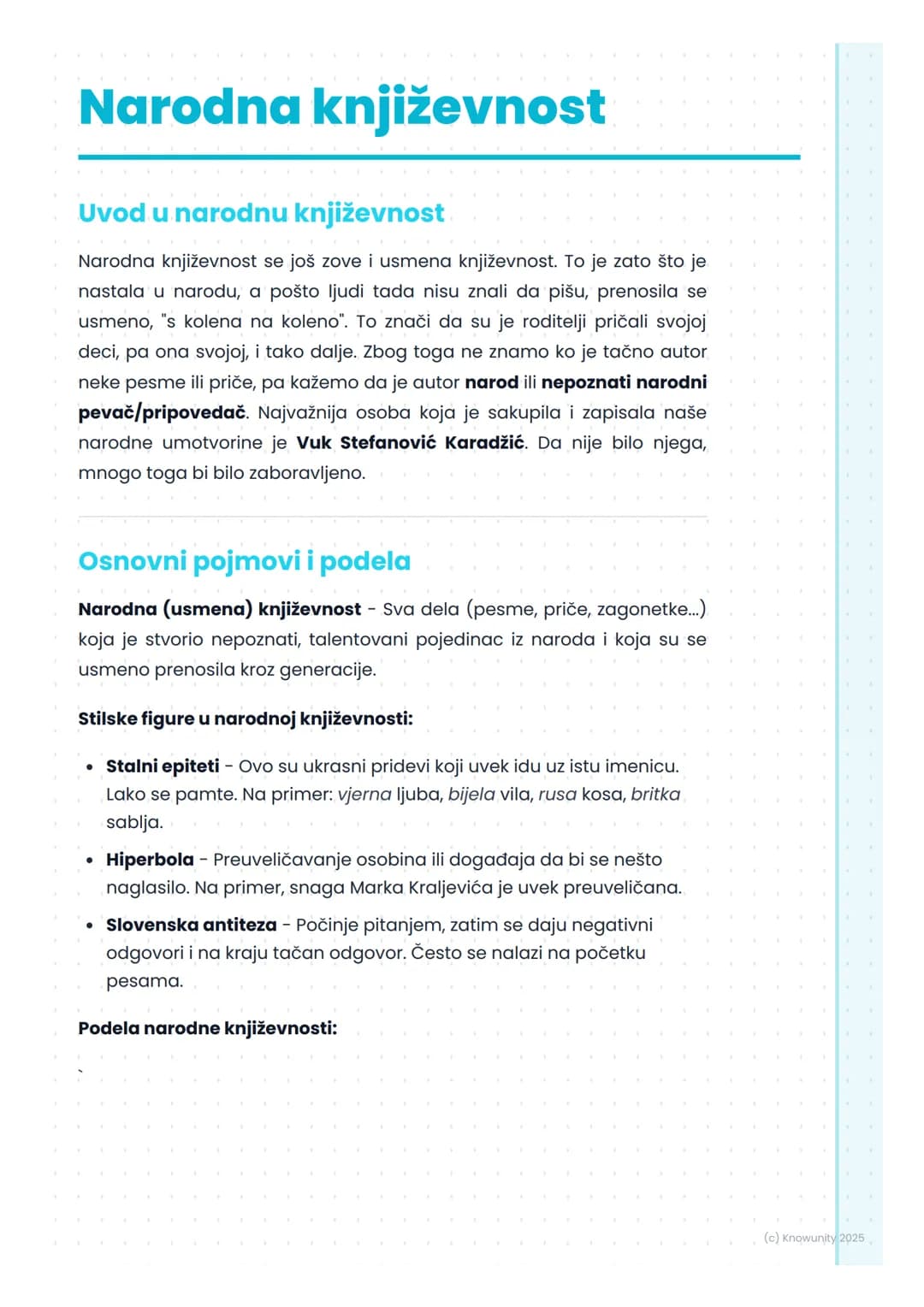 # Narodna književnost
Uvod u narodnu književnost
Narodna književnost se još zove i usmena književnost. To je zato što je
nastala u narodu,