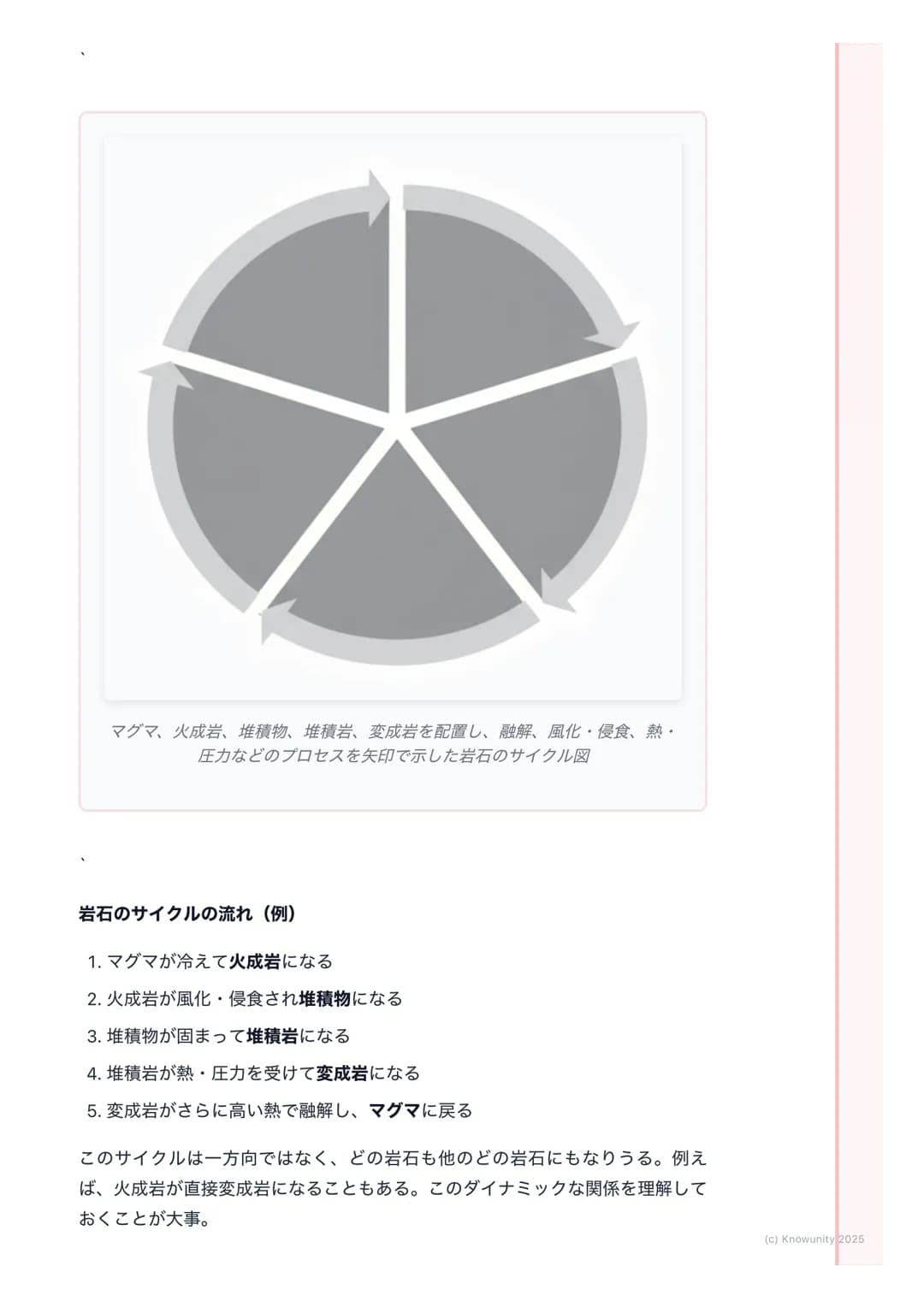 # 岩石と鉱物
1. 概要
地球の表面は様々な岩石でできている。そして、その岩石は鉱物の集合体。こ
の単元では、岩石がどのようにしてできるのか、その成り立ち(成因)によって
3種類(火成岩、堆積岩、変成岩)に分類し、それぞれの特徴を整理する。岩石
の分類は、その岩石を構成する