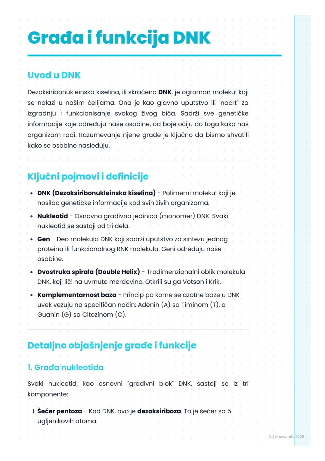 # Građa i funkcija DNK
Uvod u DNK
Dezoksiribonukleinska kiselina, ili skraćeno DNK, je ogroman molekul koji
se nalazi u našim ćelijama. On
