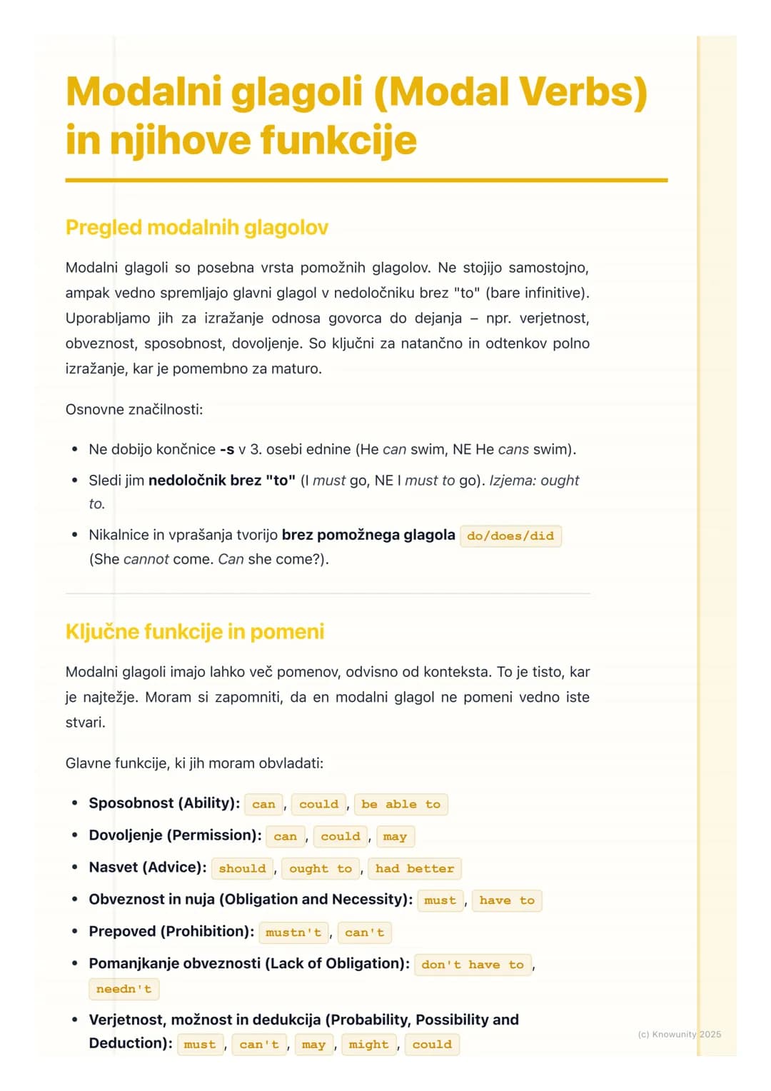 # Modalni glagoli (Modal Verbs)
in njihove funkcije
Pregled modalnih glagolov
Modalni glagoli so posebna vrsta pomožnih glagolov. Ne stoji