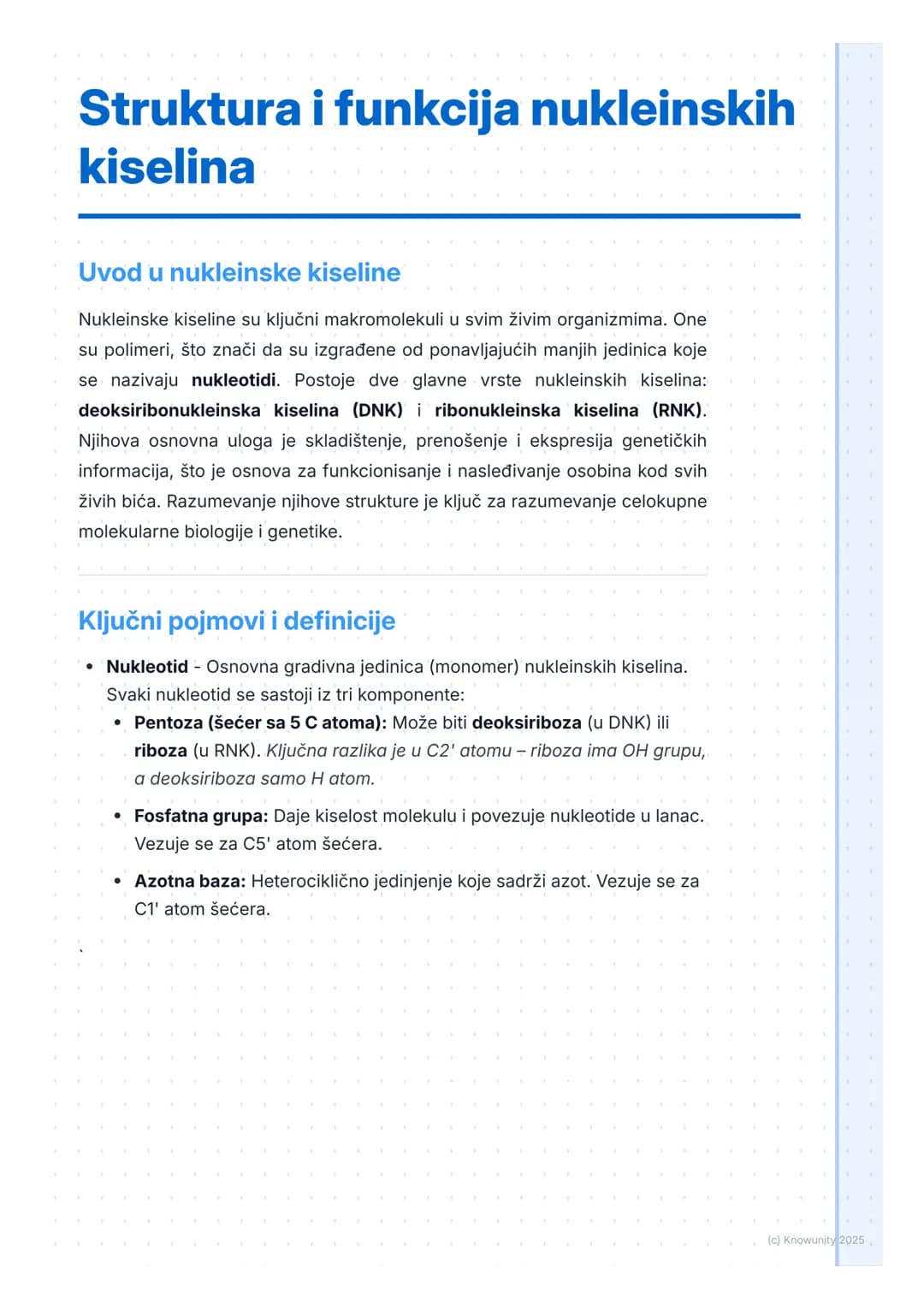 # Struktura i funkcija nukleinskih
kiselina
Uvod u nukleinske kiseline
Nukleinske kiseline su ključni makromolekuli u svim živim organizmi