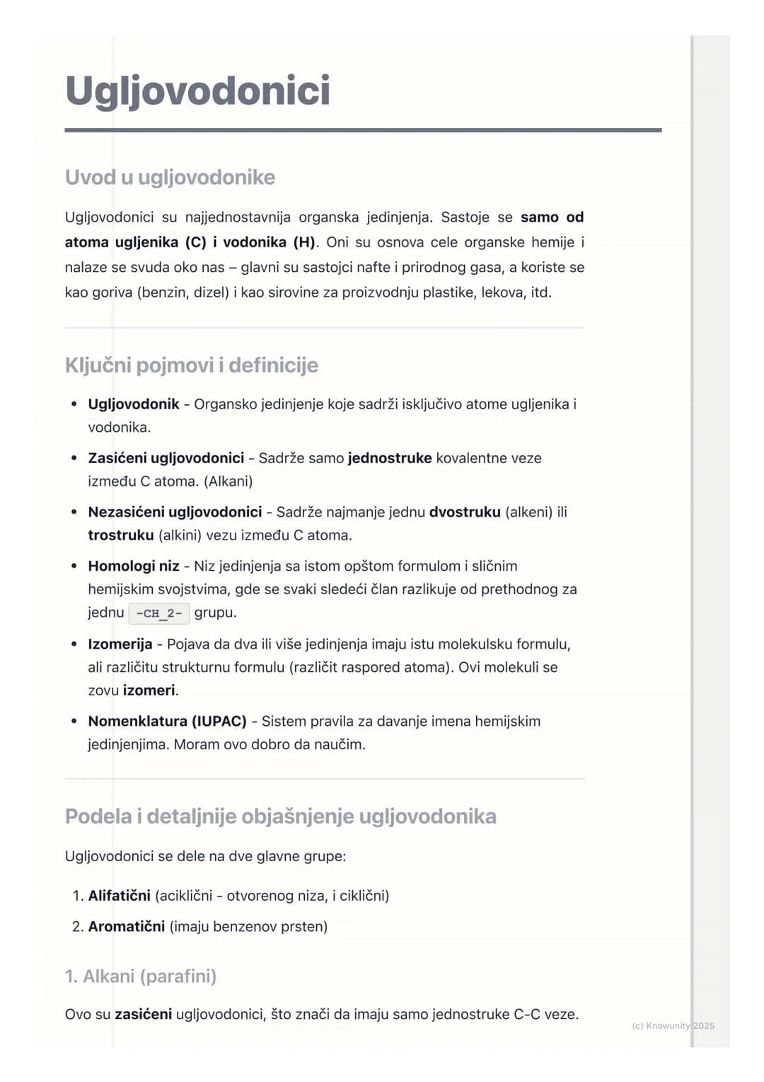 # Ugljovodonici
Uvod u ugljovodonike
Ugljovodonici su najjednostavnija organska jedinjenja. Sastoje se samo od
atoma ugljenika (C) i vodon