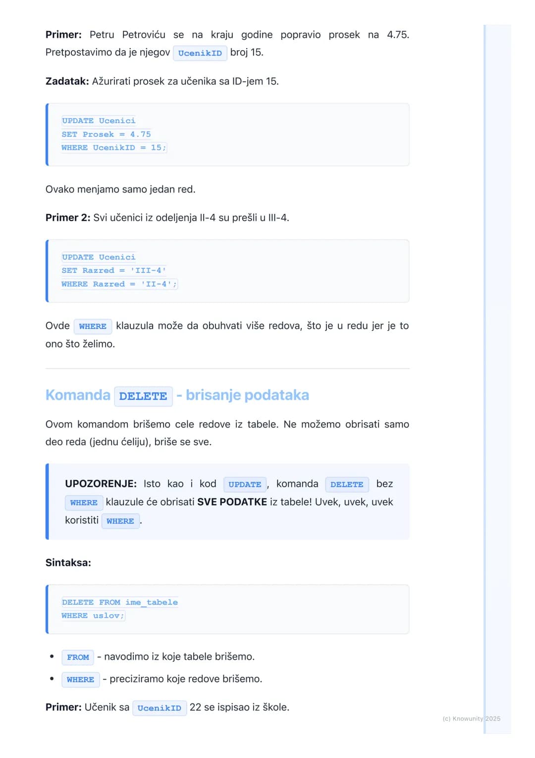 # SQL - upiti za manipulaciju
podacima (INSERT, UPDATE,
DELETE)
Uvod u manipulaciju podacima
Ovo su komande kojima menjamo podatke unutar