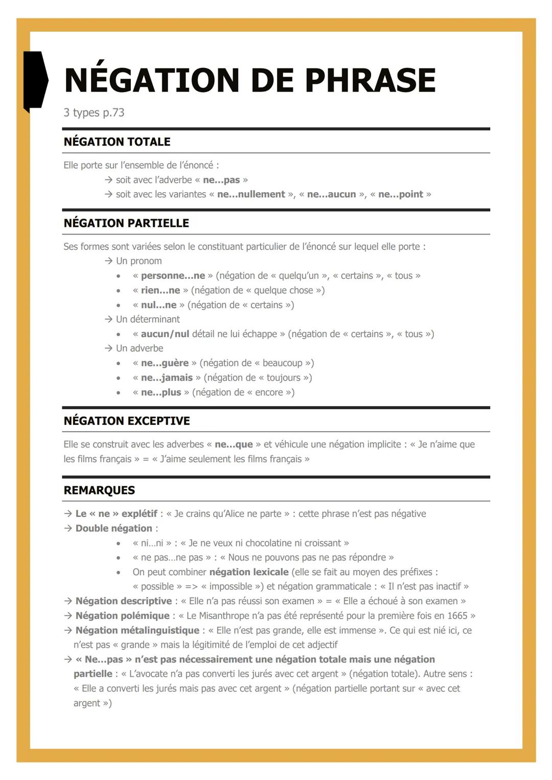 # NÉGATION DE PHRASE
3 types p.73
NÉGATION TOTALE
Elle porte sur l'ensemble de l'énoncé :
→ soit avec l'adverbe « ne...pas »
→ soit ave