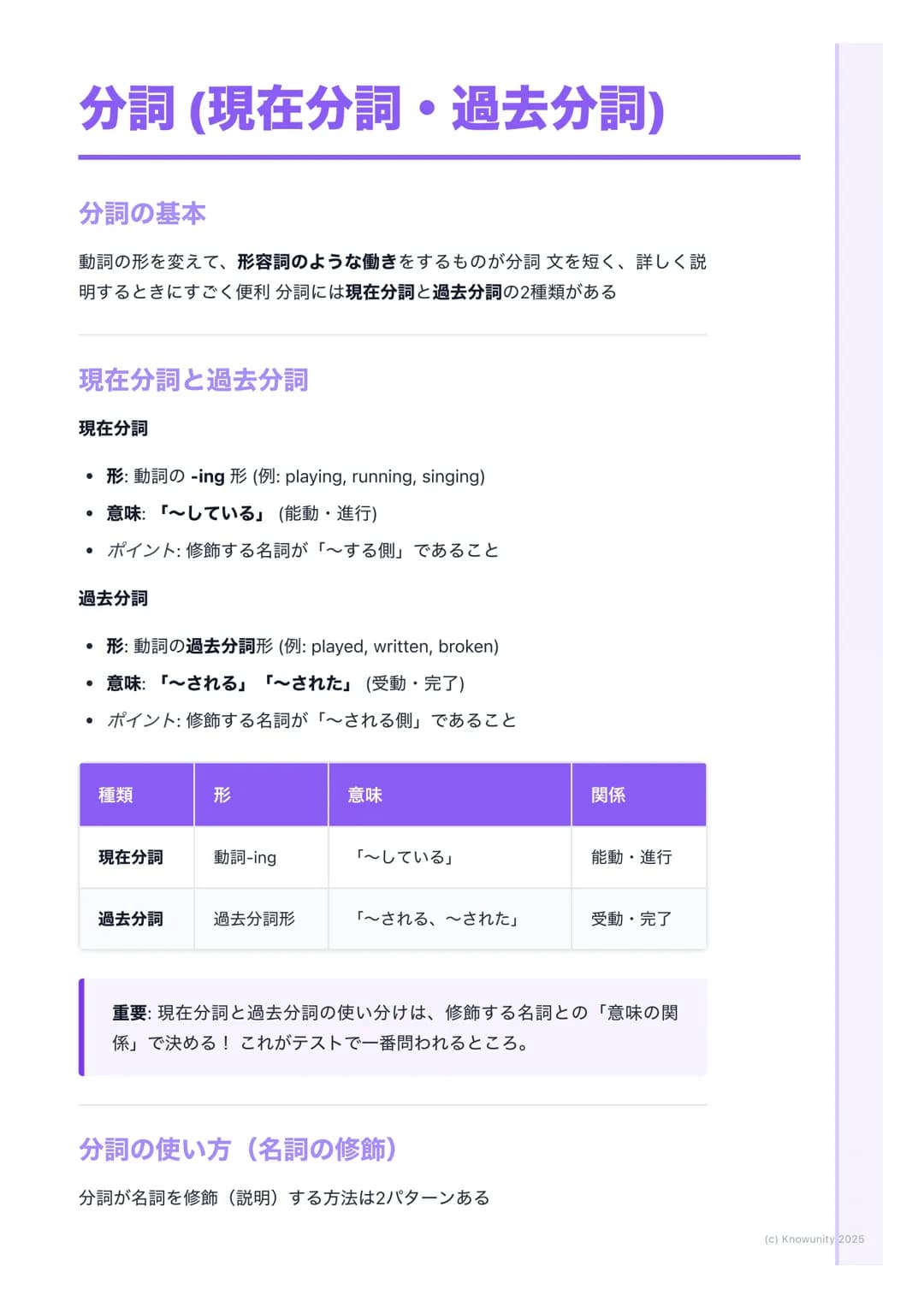 # 分詞(現在分詞・過去分詞)
分詞の基本
動詞の形を変えて、形容詞のような働きをするものが分詞文を短く、詳しく説
明するときにすごく便利分詞には現在分詞と過去分詞の2種類がある
現在分詞と過去分詞
現在分詞
* 形: 動詞の -ing形(例: playing, r