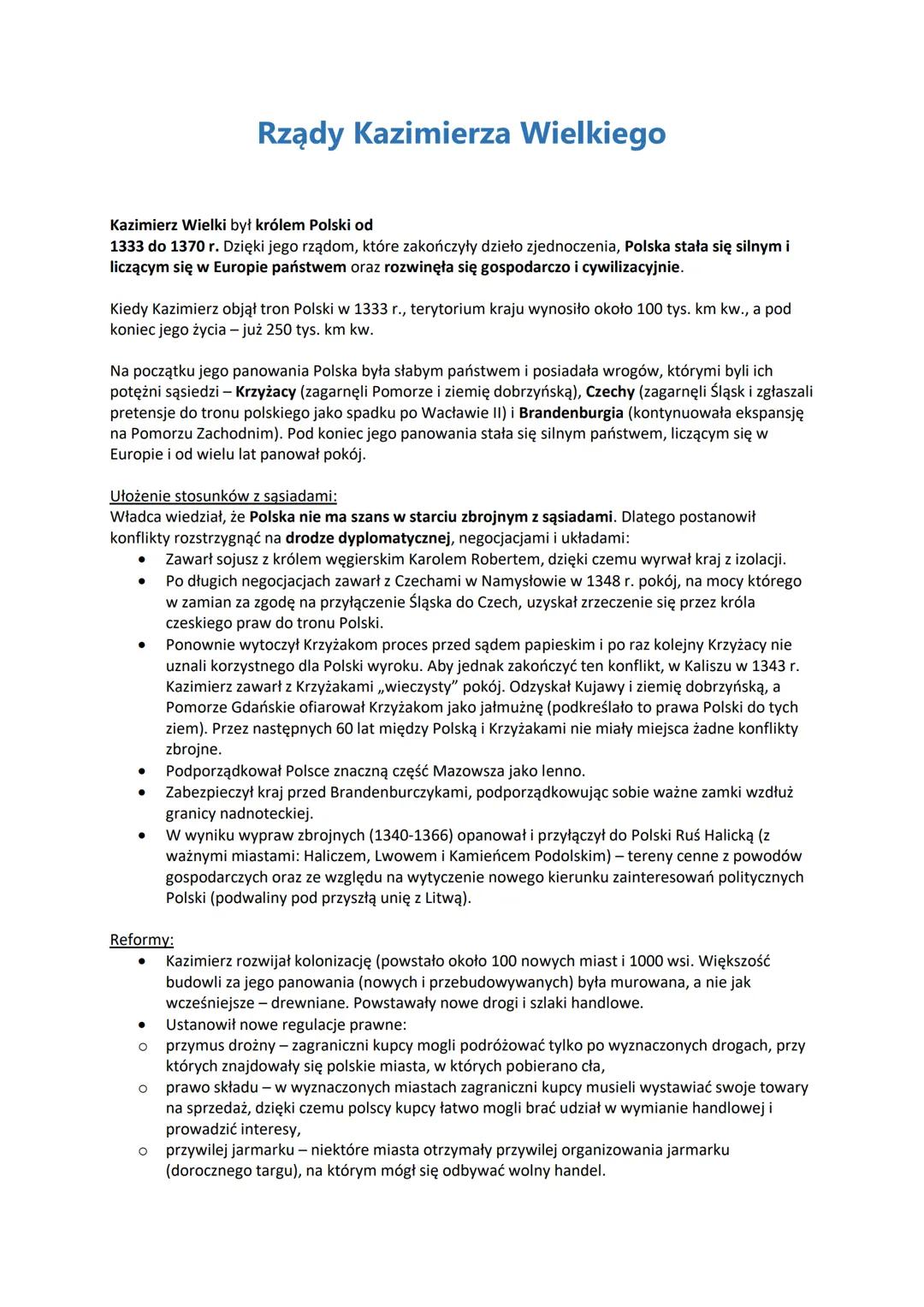 # Rządy Kazimierza Wielkiego
Kazimierz Wielki był królem Polski od
1333 do 1370 r. Dzięki jego rządom, które zakończyły dzieło zjednoczenia