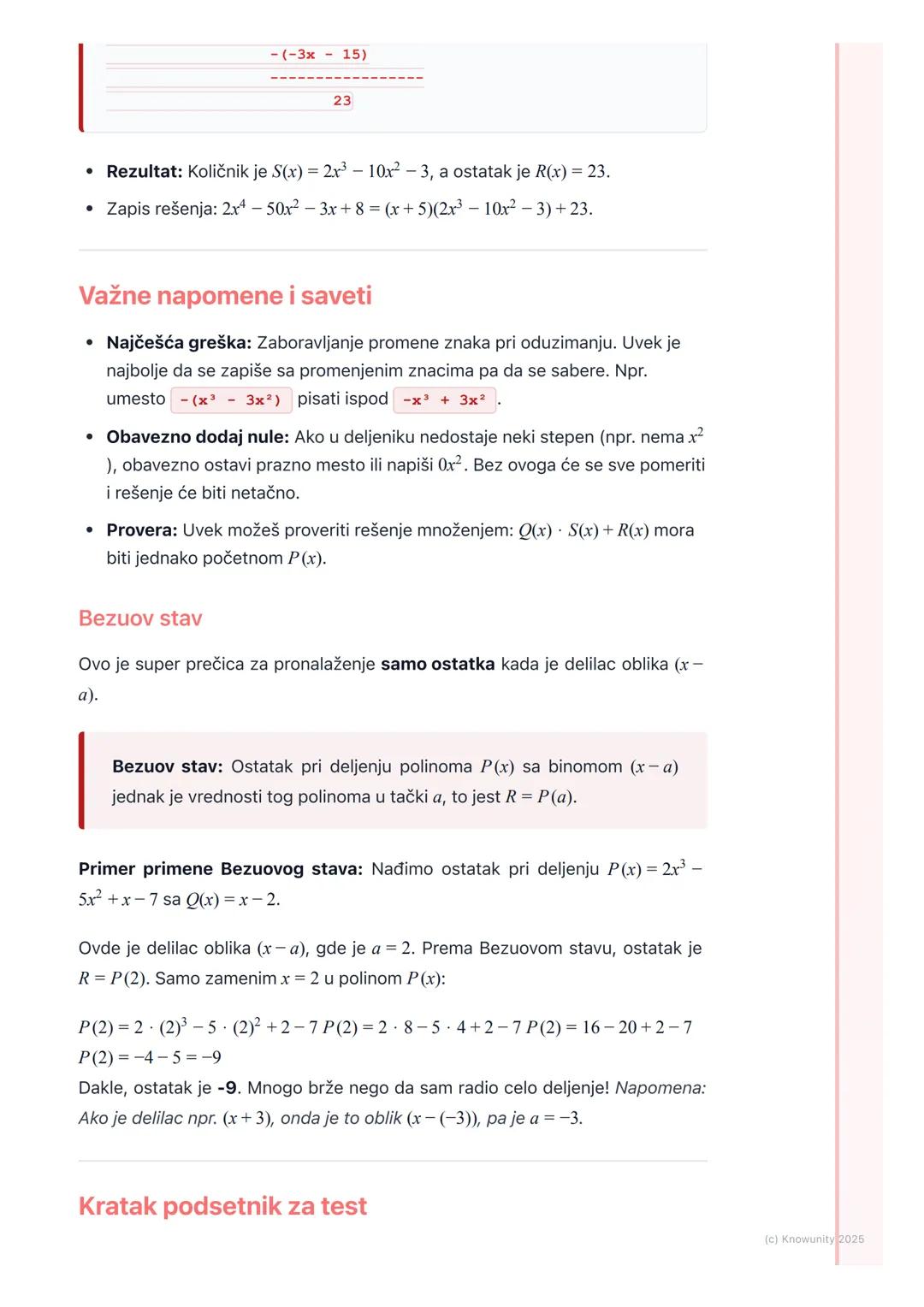 # Deljenje polinoma
Uvod u deljenje polinoma
Deljenje polinoma je vrlo slično običnom deljenju brojeva koje smo učili u
osnovnoj školi, sa