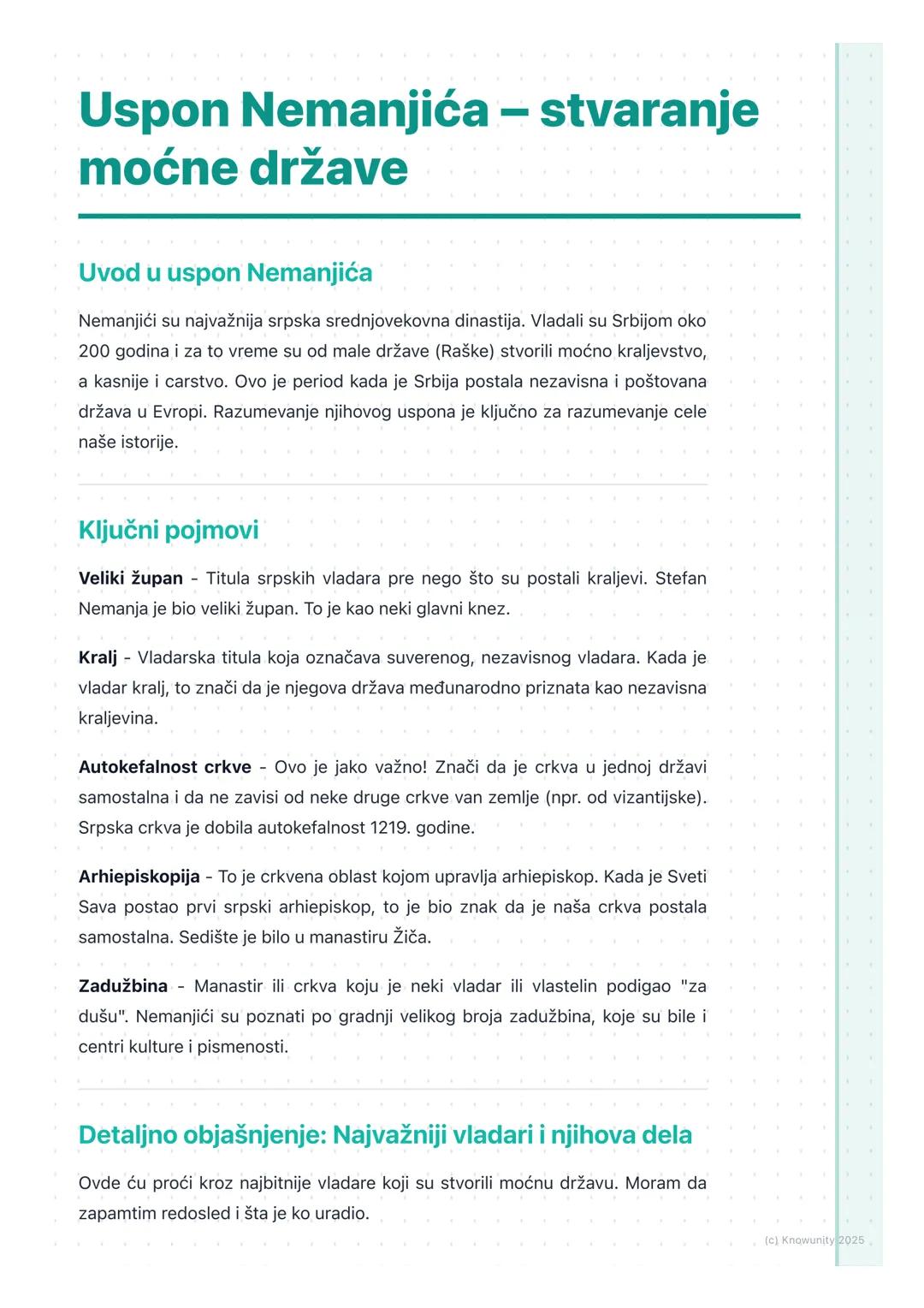 # Uspon Nemanjića – stvaranje
moćne države
Uvod u uspon Nemanjića
Nemanjići su najvažnija srpska srednjovekovna dinastija. Vladali su Srbi